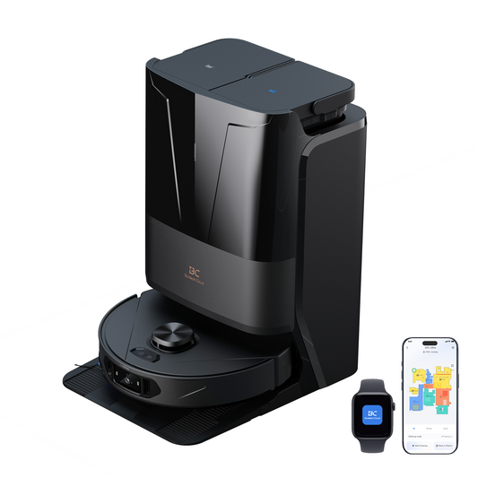 BooleanCloud BC black robot vacuum with dock, smartphone app showing home map, and smartwatch interface