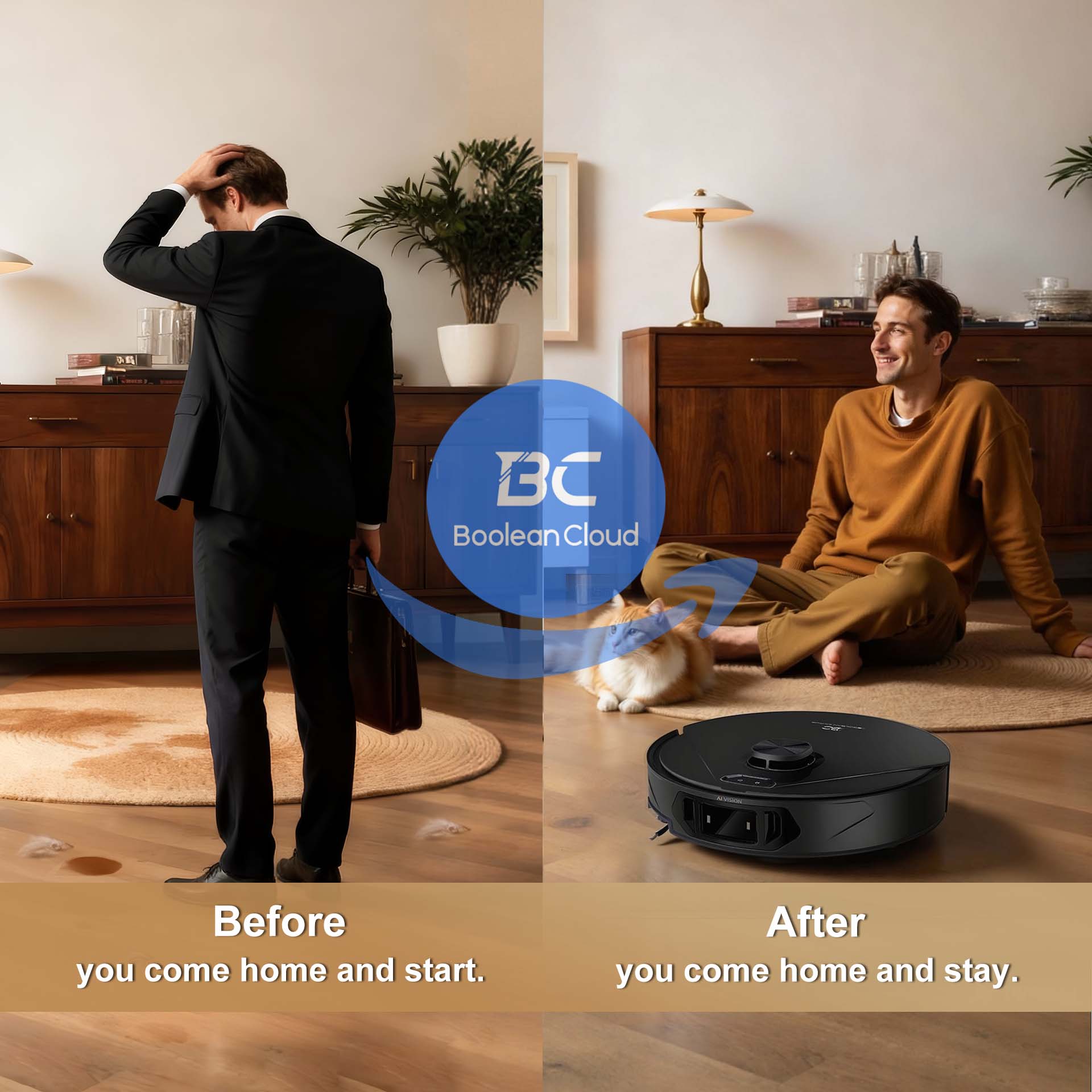 Before and after home scenes showing a man in a suit stressed over a dirty floor versus a relaxed man sitting with a cat and a robot vacuum cleaner