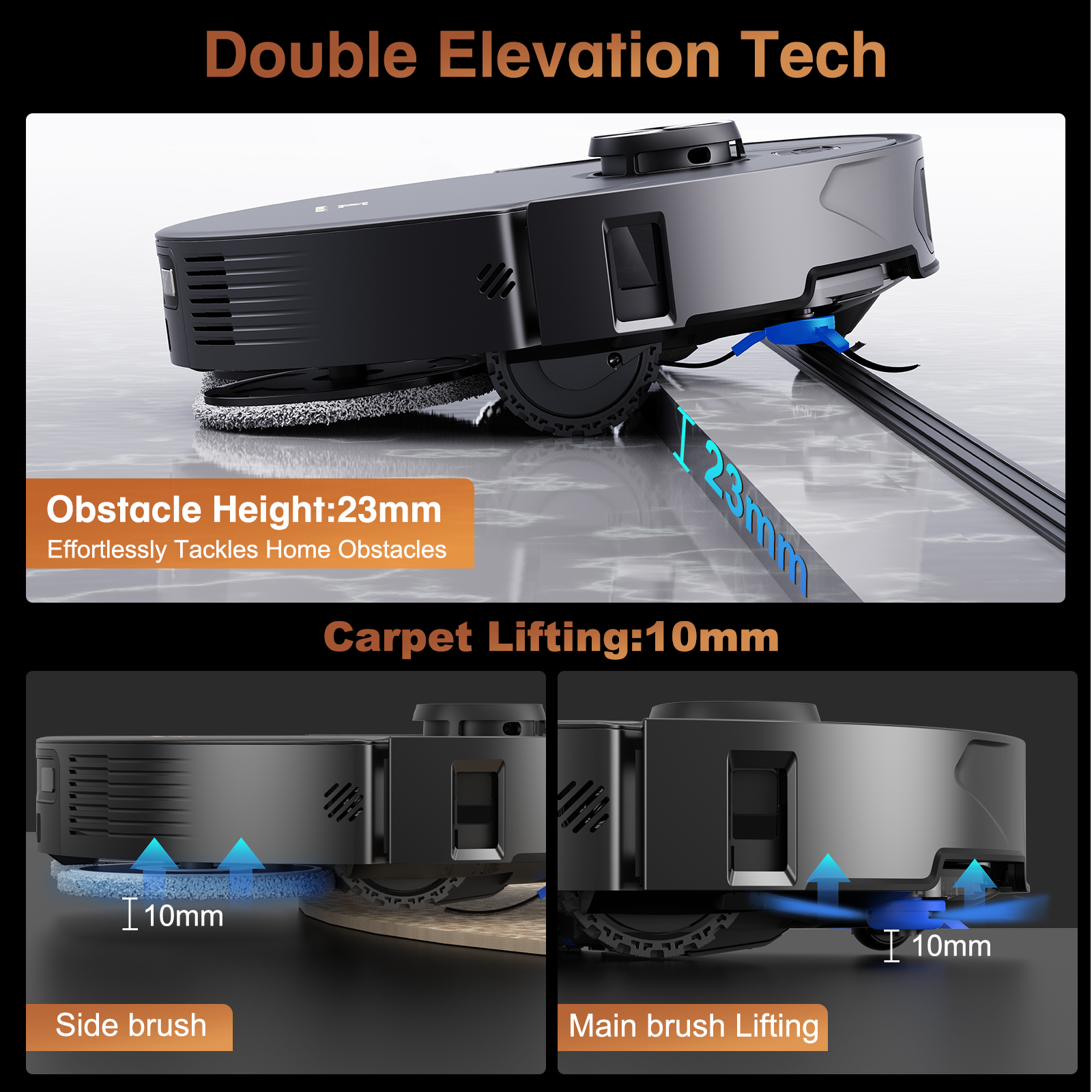 Black robot vacuum cleaner showcasing double elevation tech with 23mm obstacle climb and 10mm carpet lifting