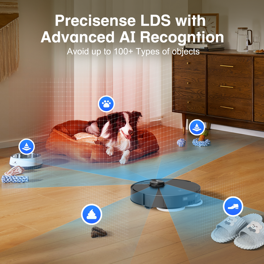 Robotic vacuum cleaner with advanced AI recognizing dog, pet bowl, food, slippers, and obstacles in living room
