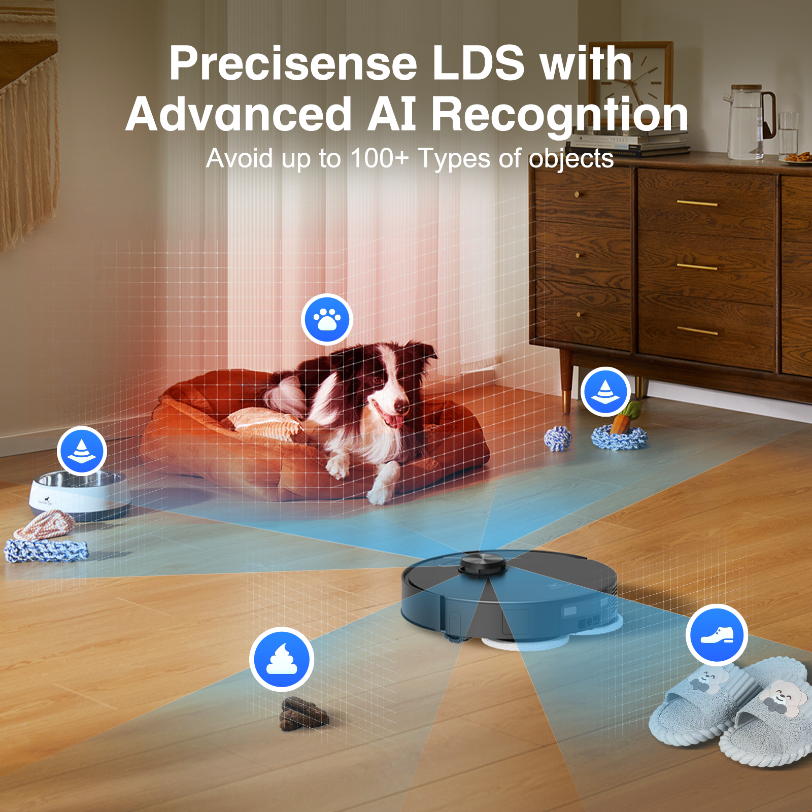 Robotic vacuum cleaner with advanced AI recognizing dog, pet bowl, food, slippers, and obstacles in living room