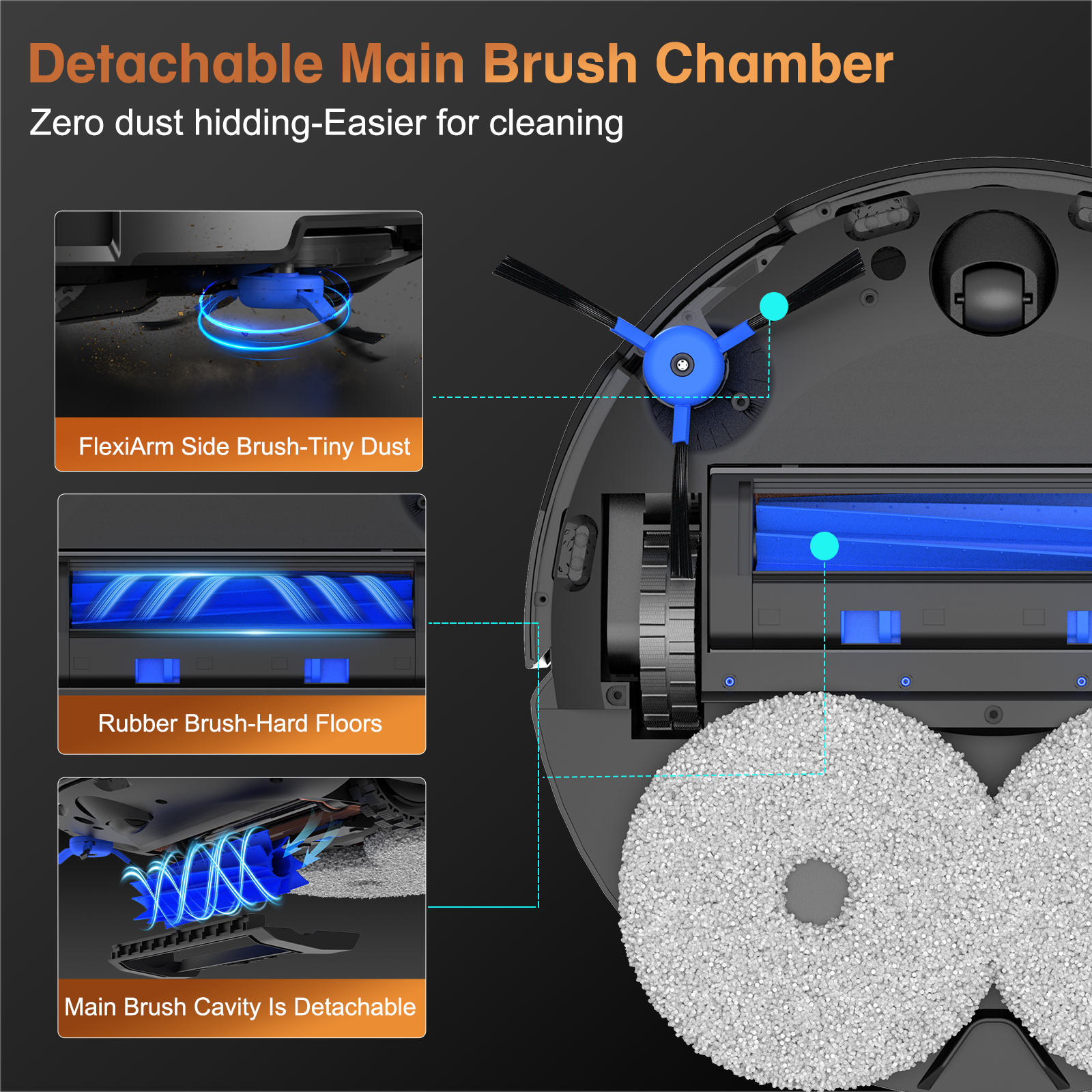 Close-up of robot vacuum showing detachable main brush chamber, FlexiArm side brush, and rubber brush for hard floors