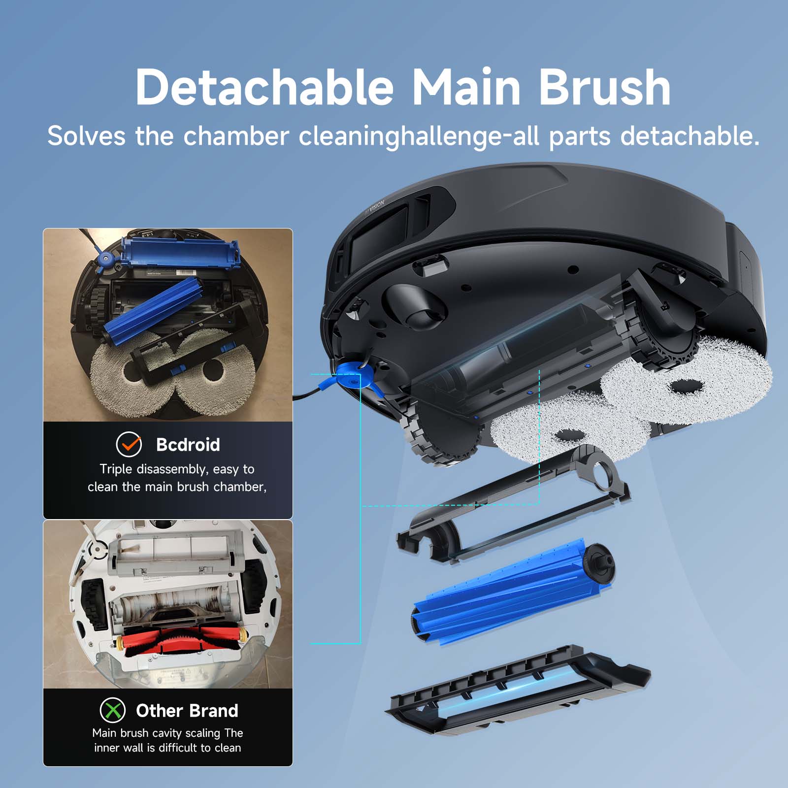 Robotic vacuum with detachable main brush for easy cleaning, showing components and comparison with other brand