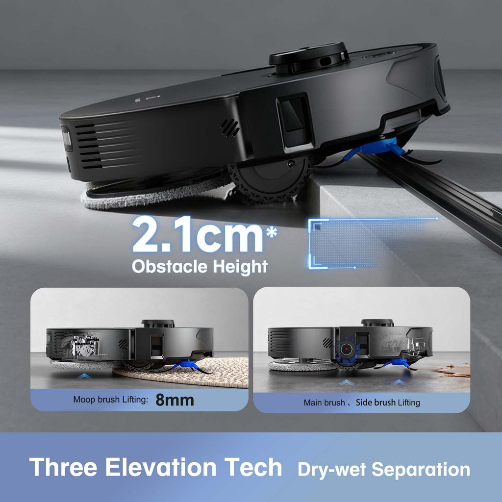 Black robot vacuum cleaning carpet and tile with 2.1cm obstacle height and brush lifting technology