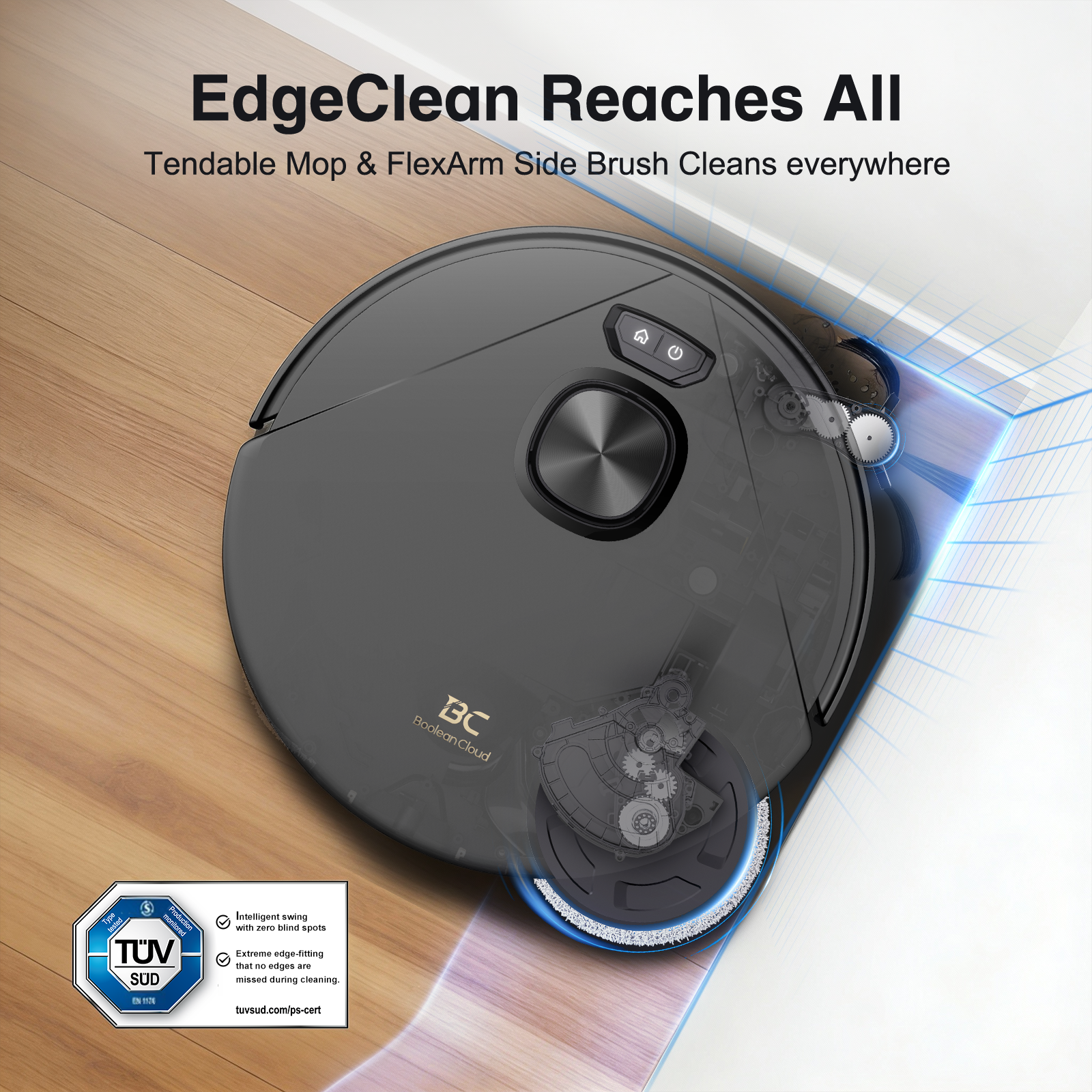 EdgeClean robot vacuum with tendable mop and FlexArm side brush cleaning floor edges and corners